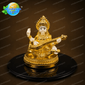Saraswati Idol 24K Gold Plated 999 Silver Plated, Goddess Saraswati Statue with Veena, Hindu Puja Murti, Diwali Gift Velvet Box