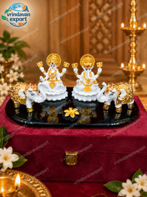 2ab5c67a-458b-4bbc-a645-cec983bbab9a Lakshmi Ganesha Idol Set with Elephants, 24K Gold Plated 999 Silver Finish, Diwali Pooja Gift, Hindu God Statue, Velvet Box