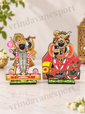 2da1291a-7f5d-4c09-8bd0-9fed729d3e63 Shrinath Ji & Banke Bihari Ji 6 Inch Idol Set, Krishna Tabletop Decor, Vrindavan Nathdwara Deity Stand, Hindu Pooja Gift
