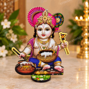 Bal Krishna Makhan Chor MDF Stand 5 Inch, Laddu Gopal Butter Pot Cutout, Baby Krishna Table Decor, Janmashtami Gift Vrindavan