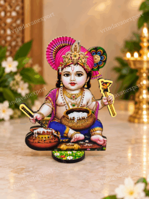 3637c519-41be-44c3-a39c-c3229f2b4826 Bal Krishna Makhan Chor MDF Stand 5 Inch, Laddu Gopal Butter Pot Cutout, Baby Krishna Table Decor, Janmashtami Gift Vrindavan