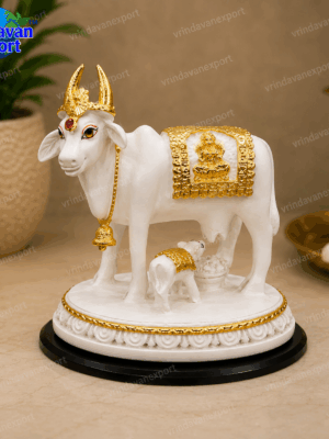 4a114eda-31e9-4399-b787-f70384b47929 Kamdhenu Cow Calf Idol 24K Gold Plated, Gau Mata Statue with Lakshmi, Hindu Pooja Murti, Spiritual Gift, Premium Velvet Box