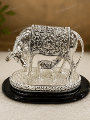 6ab7da5c-6152-4cd4-a6b4-0f558658b4b5 Kamdhenu Cow Calf Idol 999 Silver Plated, Gau Mata Statue, Hindu Pooja Murti, Religious Gift, Home Mandir Decor, Velvet Gift Box