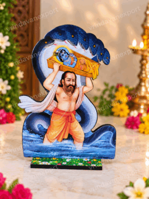 6bd6743e-623b-4df4-8cff-b668e3475ecd Vasudev Carrying Baby Krishna Idol, Krishna Janmashtami Decor, Vasudeva Sheshnag Wooden Stand, Hindu Pooja Altar, Vrindavan Gift
