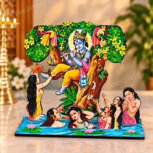 Krishna Kadamba Tree MDF Stand 6 Inch, Gopis with Krishna Raas Leela Decor, Vrindavan Krishna Tabletop Altar, Hindu Devotional Gift