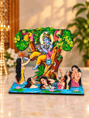 76aaa016-9666-4c29-9b3b-721b6a9650f3 Krishna Kadamba Tree MDF Stand 6 Inch, Gopis with Krishna Raas Leela Decor, Vrindavan Krishna Tabletop Altar, Hindu Devotional Gift