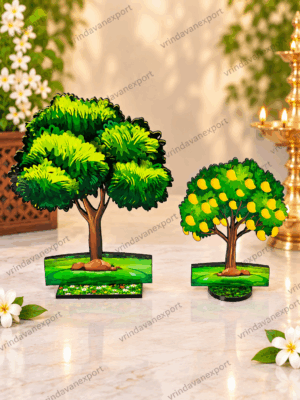 7d11a41b-78c3-4d05-9f9e-50460b3d4334 MDF Wooden Tree Decor Set, 7 and 5.5 Inch Mango & Green Tree, Colorful Tabletop Decoration, Miniature Tree Home Decor, Set of 2