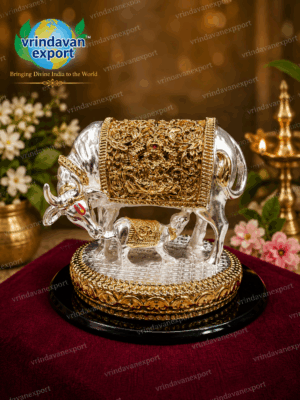 9109d54b-e1c1-4ec6-a944-13446752fb82 Kamdhenu Cow With Calf Statue 999 Silver & 24K Gold Plated | Sacred Gomata Idol | Hindu Cow Murti | Housewarming Pooja Gift
