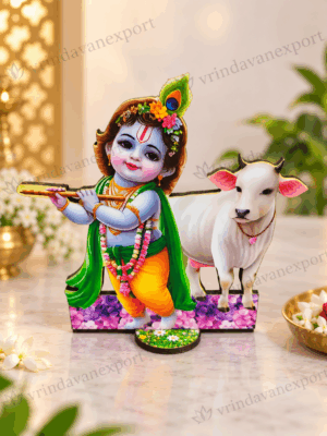 a7e75315-24c8-4bfd-af03-a71ada1b8660 Baby Krishna with Cow MDF Cutout, 5 Inch Kanha Cow Table Decor, Bal Krishna Govinda Standing Figurine, Janmashtami Mandir Decoration