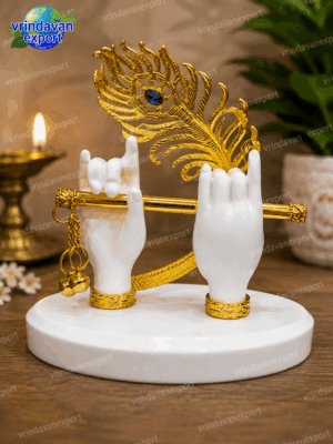 ab82f1b4-33f1-47a5-8d96-0cd2b2424d56 Krishna Flute Hands Idol 24K Gold Plated Peacock Feather, 4 Inch Kanha Hand Murti, Hindu Spiritual Decor, Janmashtami Gift