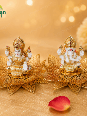 b064a144-ac82-4fb5-bc9f-338215e601ea 24K Gold Plated Laxmi Ganesh Idol Set on Lotus | 999 Silver Plated Lakshmi Ganesha Murti | Premium Velvet Gift Box | Diwali Wedding Gift