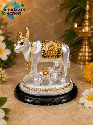 bba96cef-42f8-4253-82f5-8331b354fc0a Kamdhenu Cow With Calf Statue 999 Silver & 24K Gold Plated | Hindu Sacred Cow Idol | Gomata Murti | Krishna Cow Pooja Gift