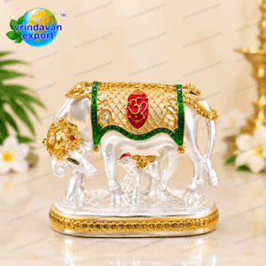 Kamdhenu Cow and Calf Idol 24K Gold Plated 999 Silver Plated, Hindu Sacred Cow Statue, Gau Mata Murti, Krishna Gift, Velvet Box