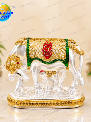 e93f769b-afd5-44e7-b4a6-cf83dbdcf176 Kamdhenu Cow and Calf Idol 24K Gold Plated 999 Silver Plated, Hindu Sacred Cow Statue, Gau Mata Murti, Krishna Gift, Velvet Box