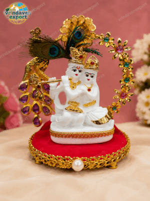 ef0d6441-74b8-4b78-8ebd-c88d5e94031d Radha Krishna Idol 5 Inch, 23K Gold Plated 999 Silver Plated Murti, Resin Marble Dust Statue, Peacock Decor, Premium Velvet Gift Box