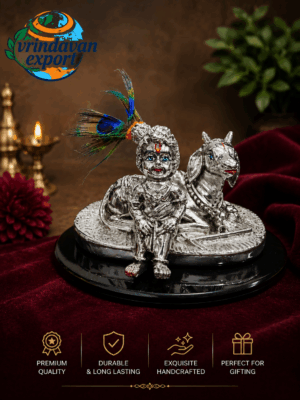 f467c32d-10ac-4068-8d77-9abaac8afe5a Baby Krishna With Cow Statue 999 Silver Plated | Krishna Cow Figurine 6 Inch | Kanha With Cow Idol | Hindu God Gift Home Mandir Decor