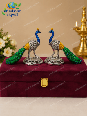 f6f2da5e-8111-4222-865b-ffe3007ae0d5 Peacock Statue Pair Antique Silver Finish | Colorful Peacock Figurine Set | Indian Home Decor | Wedding Gift | Diwali Decor
